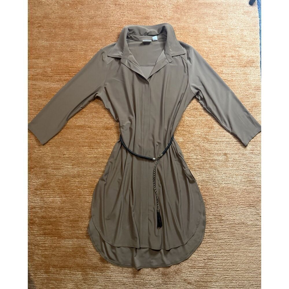 Women Control Tan Knee Length Dress 3/4 Sleeve Faux Placket Size M
